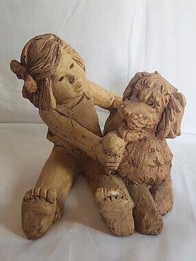 Lee Bortin Originals Clay Sculpture Girl With Dog “Whiskers Loves Ice Cream”